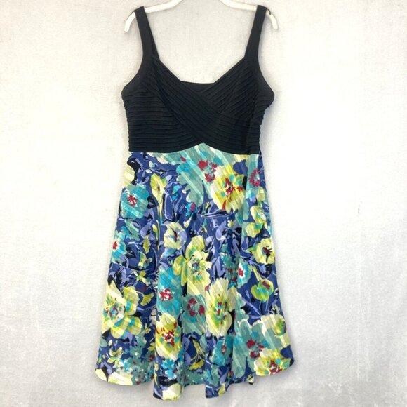 Signature by Robbie Bee Dress Womens 16 Black Blue Floral Fit Flare Sleeveless - Picture 1 of 13